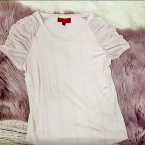 JLO Rose Gold Sparkle Tee with Sheer Ruched Sleeves